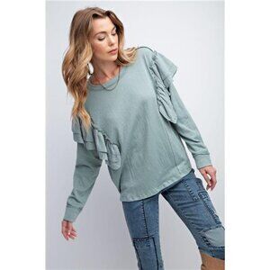Faded Blue- Double Ruffle Long Sleeve Top With Round Neckline For Women